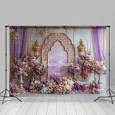 Aperturee Aperturee Moroccan Themed Photography Backdrop Purple and Gold Arch with Lanterns Arabian Nights Wedding or Event Photo Prop
